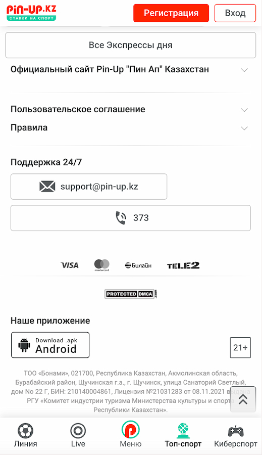 футер приложения ПинАп КЗ на Андройд 