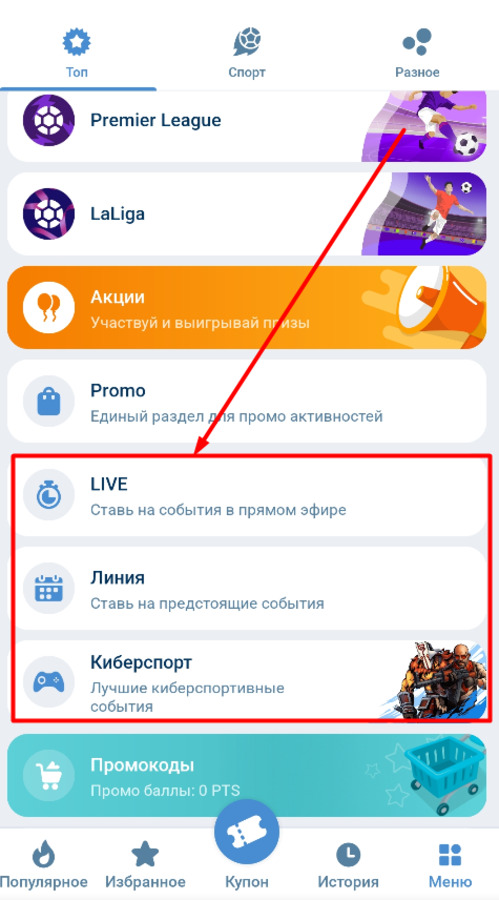 Откройте меню в приложении 1хБет